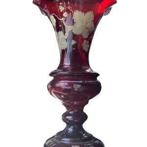 Beautiful Cranberry Vase With Gold Colored vines